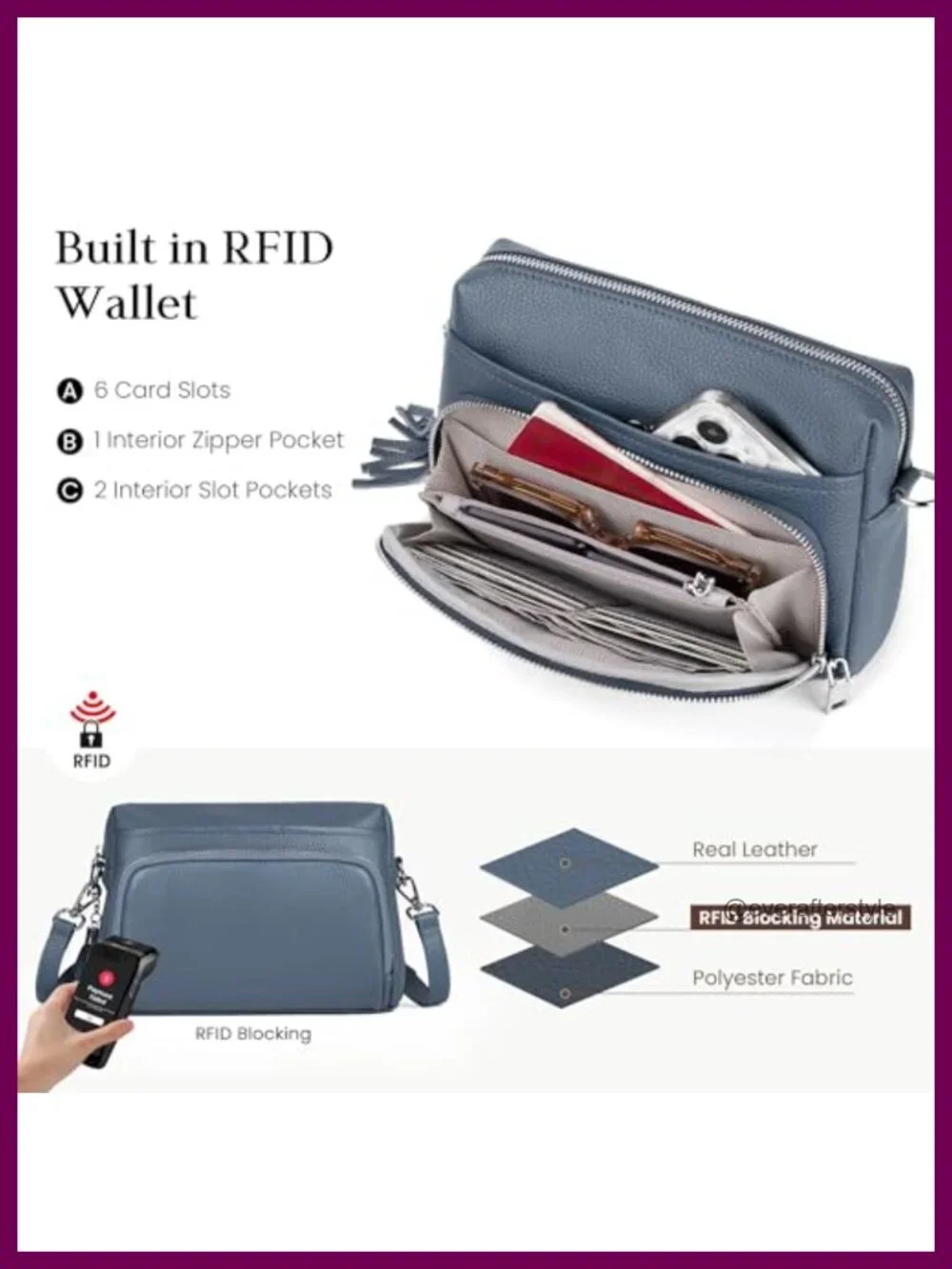 Genuine Leather Crossbody Bag with Built-in RFID Wallet and Detachable Strap
